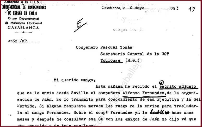 Carta de UGT de Casablanca a UGT de Toulouse, 1953.