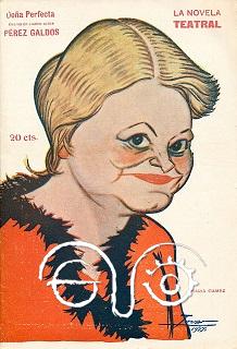 Caricatura de María Gámez ( Manuel Tovar, La Novela Teatral, nº 53. "Doña Perfecta", drama en cuatro actos. de Pérez Galdós).