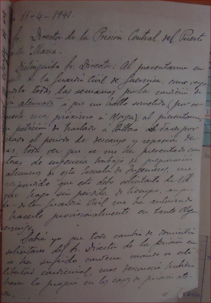 Carta manuscrita de Pedro Berroya al director de la Prisión de El Puerto de Santa María, de 11 de abril de 1941.