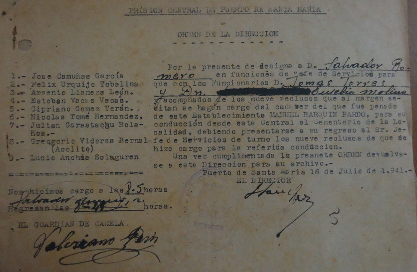 Orden de traslado del cadáver de Manuel Barquin Pando.