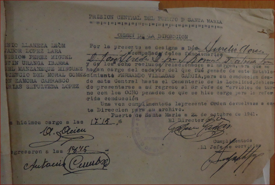 Orden de traslado del cadáver de Fernando Villegas García al cementerio de El Puerto de Santa María.