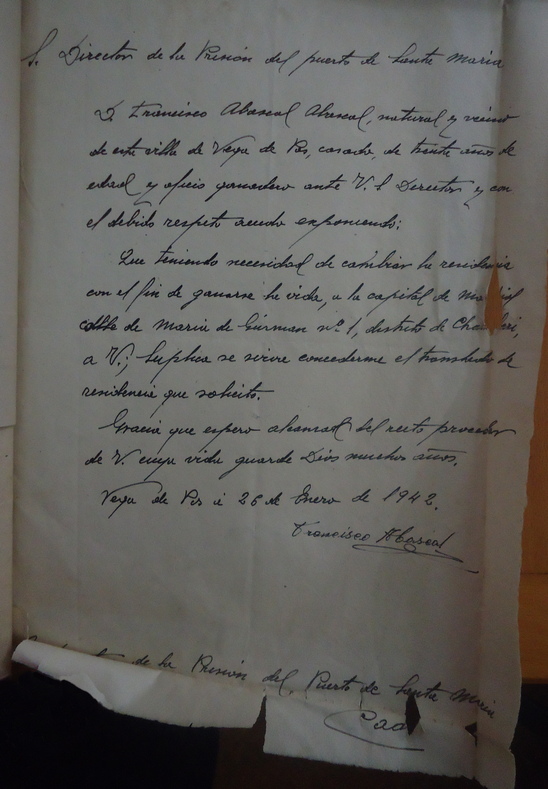 Carta manuscrita de Francisco Abascal Abascal, fechada en Vega de Pas (Cantabria) el 26 de enero de 1942, dirigida al director de la Prisión de El Puerto de Santa María.