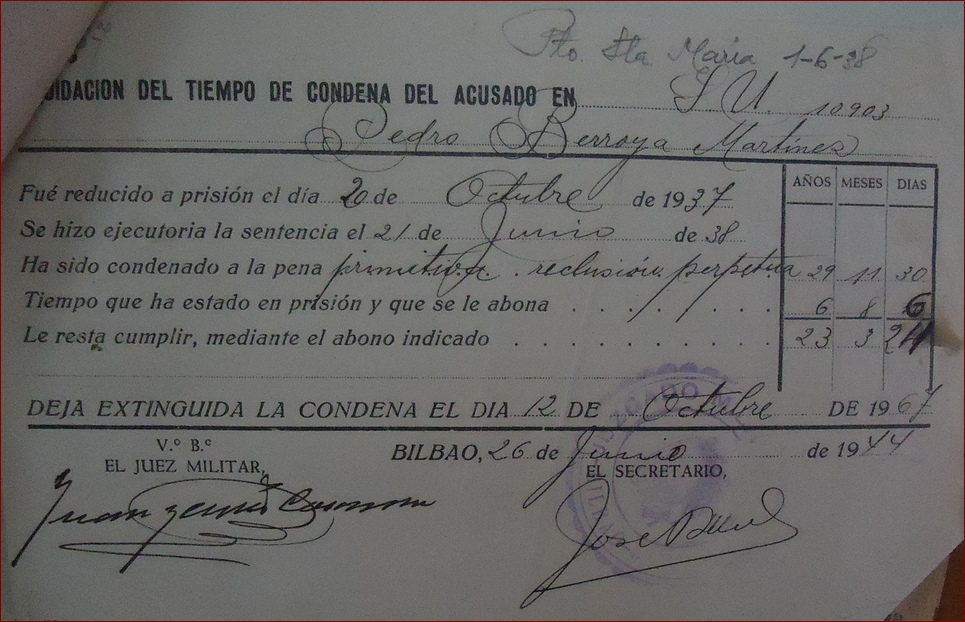 Documento sobre la liquidación de la condena a reclusión perpetua, de 26 de junio de 1944.