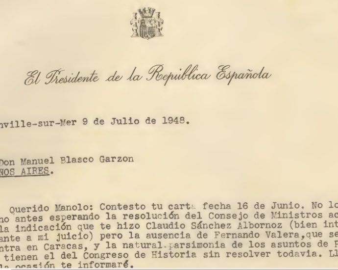 Carta de Diego Martínez Barrio, desde su exilio francés, a Manuel Blasco Garzón, exiliado en Argentina (Archivo de la Universidad de Sevilla).