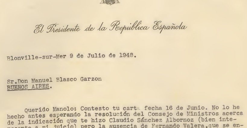 Carta de Diego Martínez Barrio, desde su exilio francés, a Manuel Blasco Garzón, exiliado en Argentina (Archivo de la Universidad de Sevilla).