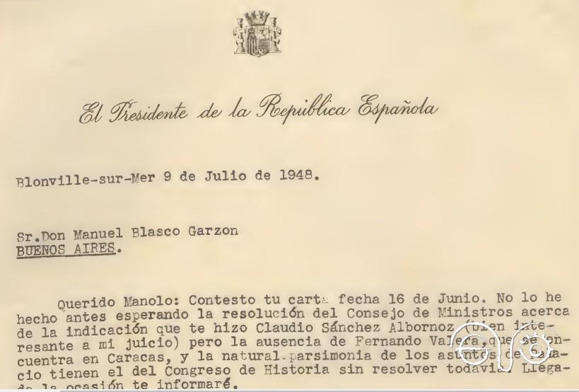 Carta de Diego Martínez Barrio, desde su exilio francés, a Manuel Blasco Garzón, exiliado en Argentina (Archivo de la Universidad de Sevilla).