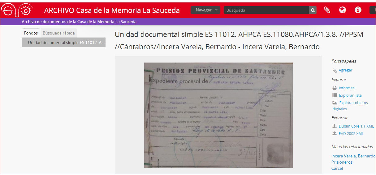 Descripción archivística del expediente carcelario de Bernardo Incera Varela, en la base de datos ICA-AtoM.
