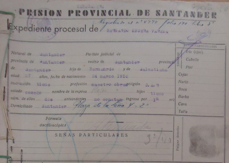 Expediente procesal de Bernardo Incera Varela, de la Prisión Provincial de Santander. Archivo Histórico Provincial de Cádiz.