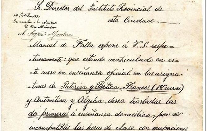 Documento de Manuel de Falla del fondo del instituto Columela (Archivo Histórico Provincial de Cádiz).
