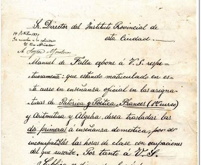 Documento de Manuel de Falla del fondo del instituto Columela (Archivo Histórico Provincial de Cádiz).