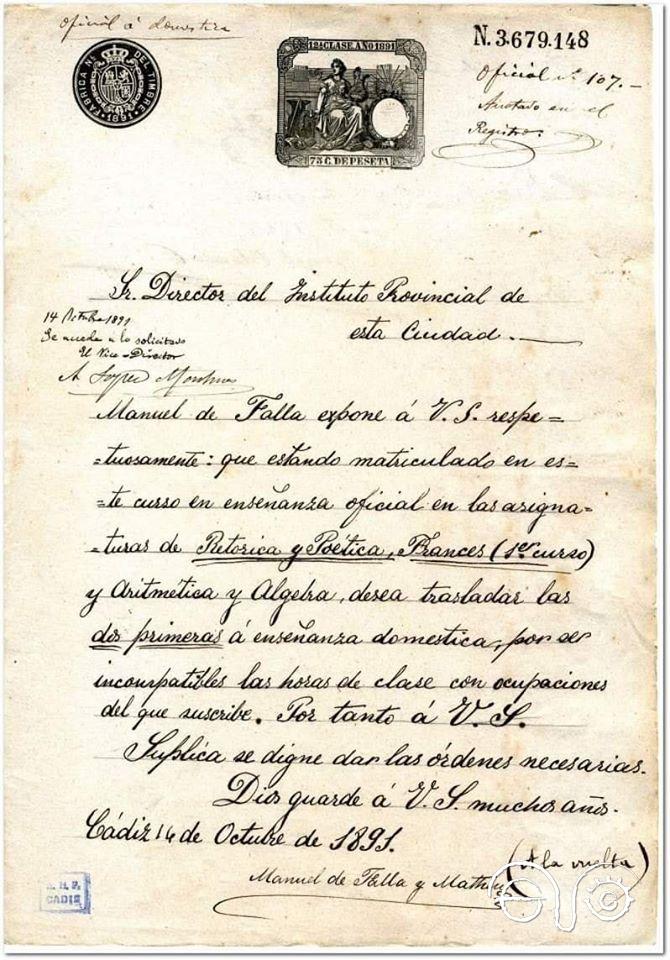 Documento de Manuel de Falla del fondo del instituto Columela (Archivo Histórico Provincial de Cádiz).