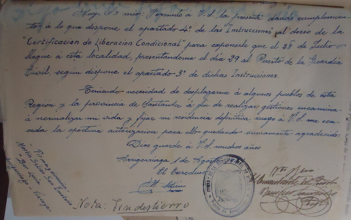 Carta de Martín Setién al director de la Prisión de El Puerto de Santa María, 1 de agosto de 1941 (Archivo Histórico Provincial de Cádiz).