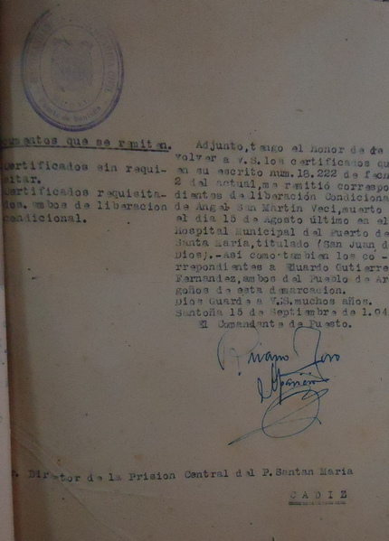 Oficio del comandante militar de Santoña sobre el fallecimiento de Ángel San Martín Veci (Archivo Histórico Provincial de Cádiz).
