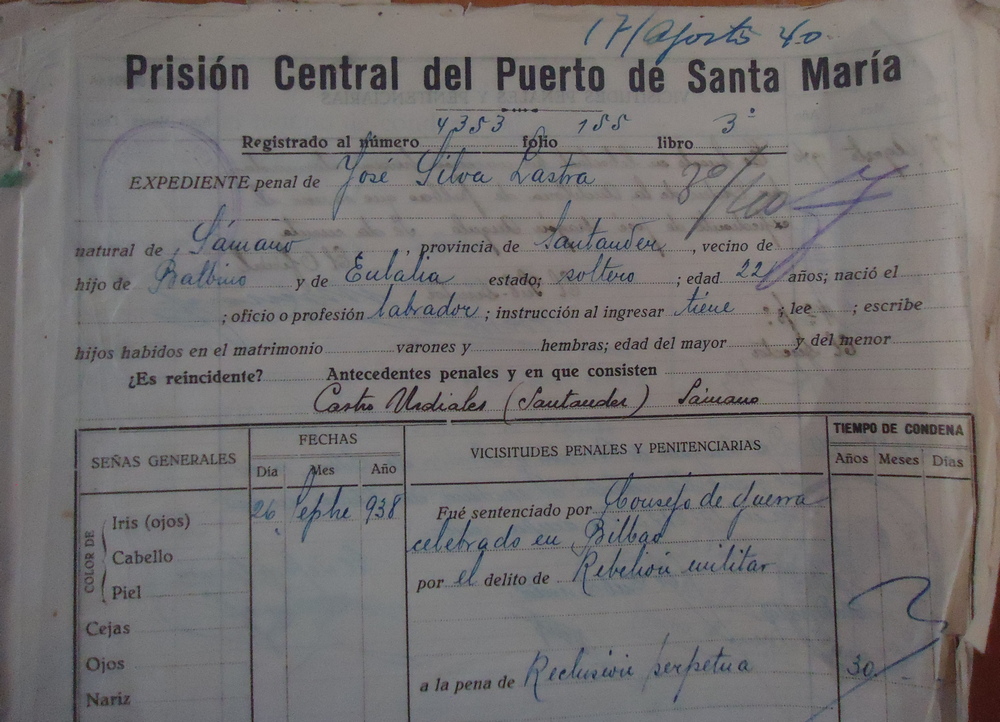 Portada del expediente carcelario de José Silva Lastra (Archivo Histórico Provincial de Cádiz).