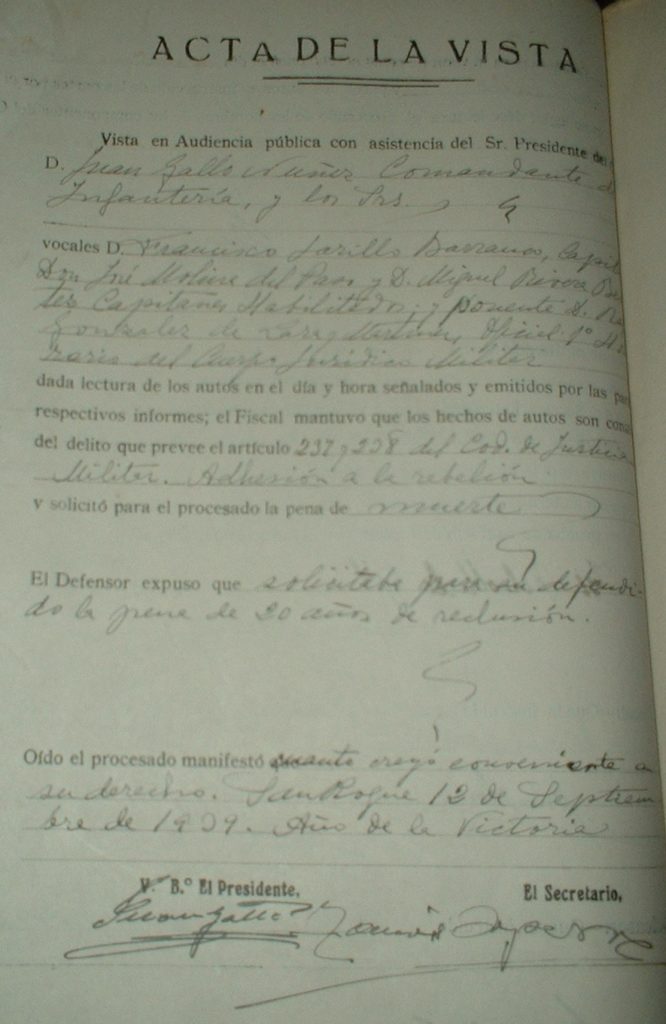 Documento del consejo de guerra.