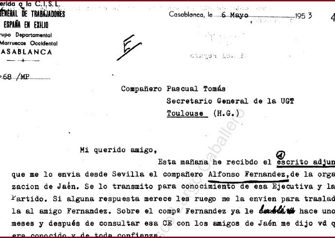 Carta de UGT de Casablanca a UGT de Toulouse, 1953.