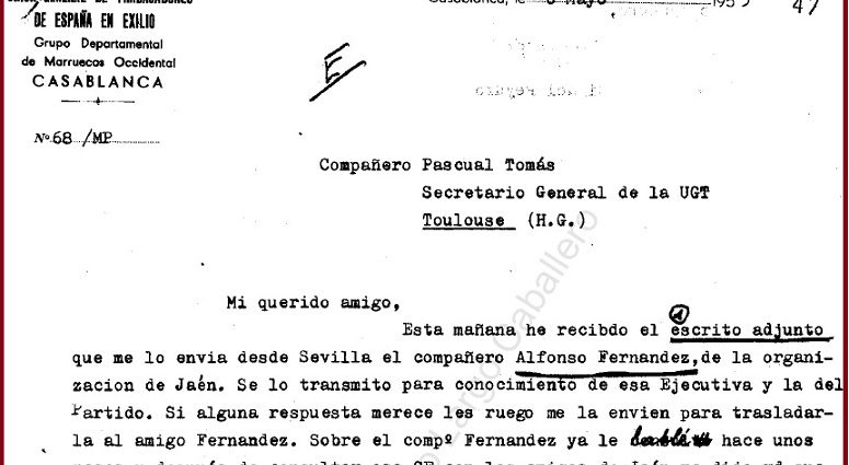 Carta de UGT de Casablanca a UGT de Toulouse, 1953.