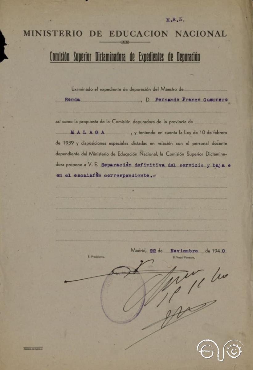 Instrucción pública. Expediente del maestro Fernando Franco Guerrero.