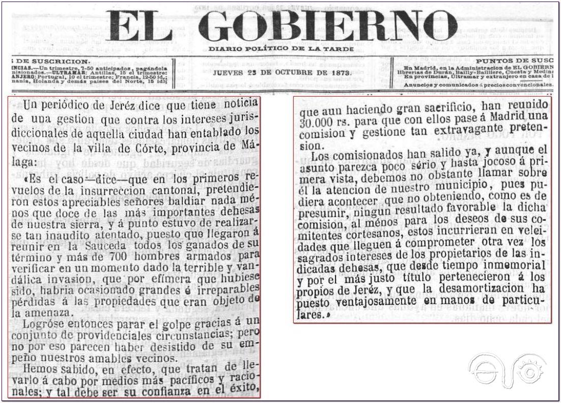 Noticia sobre La Sauceda en El Gobierno, 23/10/1873.