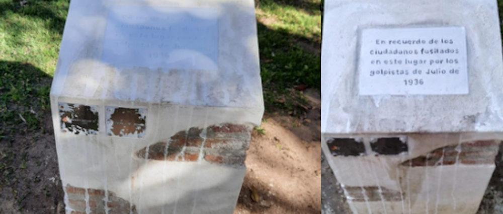 El monolito en memoria de represaliados del franquismo, vandalizado en Cádiz (Foto: La Voz del Sur).