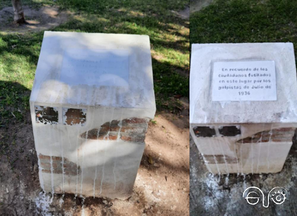 El monolito en memoria de represaliados del franquismo, vandalizado en Cádiz (Foto: La Voz del Sur).