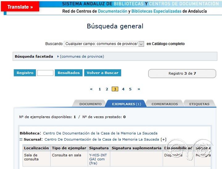 Registro del único ejemplar existente en la red de bibliotecas públicas de Andalucía.