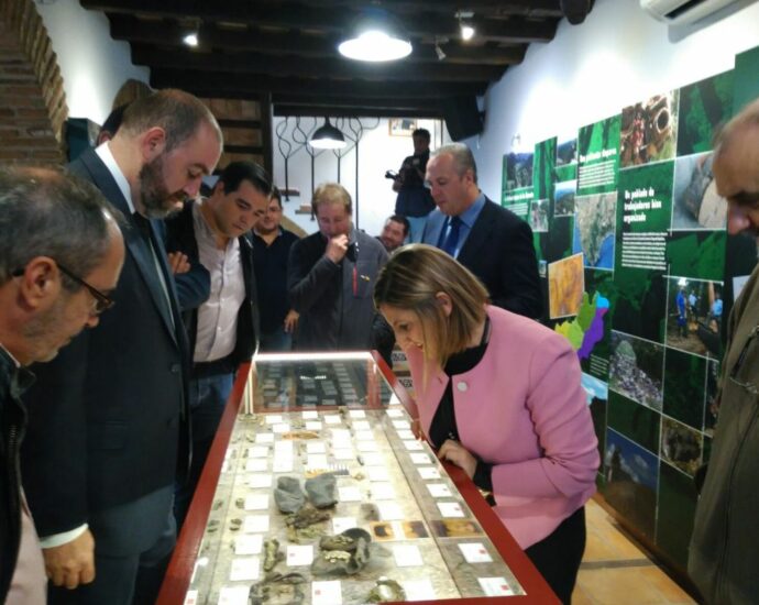 La presidenta de la Diputación de Cádiz, Irene García, y acompañantes, ante una de las vitrinas de la exposición permanente.