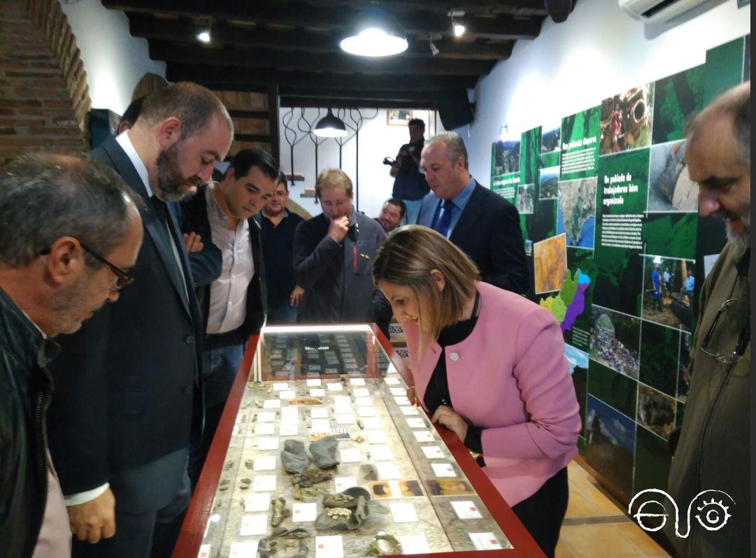 La presidenta de la Diputación de Cádiz, Irene García, y acompañantes, ante una de las vitrinas de la exposición permanente.