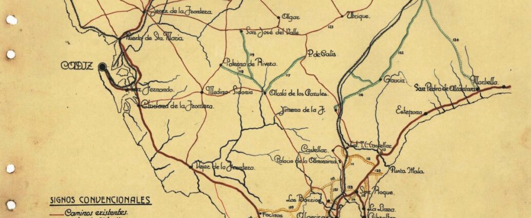 Mapa elaborado por el ejército a principios de los años 40 del siglo pasado en el que se pueden ver las carreteras y carriles que estaban hechos o se estaban haciendo con el trabajo esclavo de los prisioneros.