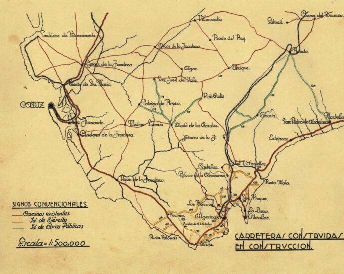Mapa elaborado por el ejército a principios de los años 40 del siglo pasado en el que se pueden ver las carreteras y carriles que estaban hechos o se estaban haciendo con el trabajo esclavo de los prisioneros.