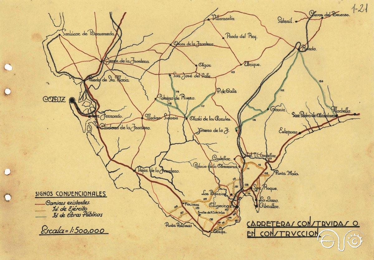 Mapa elaborado por el ejército a principios de los años 40 del siglo pasado en el que se pueden ver las carreteras y carriles que estaban hechos o se estaban haciendo con el trabajo esclavo de los prisioneros.