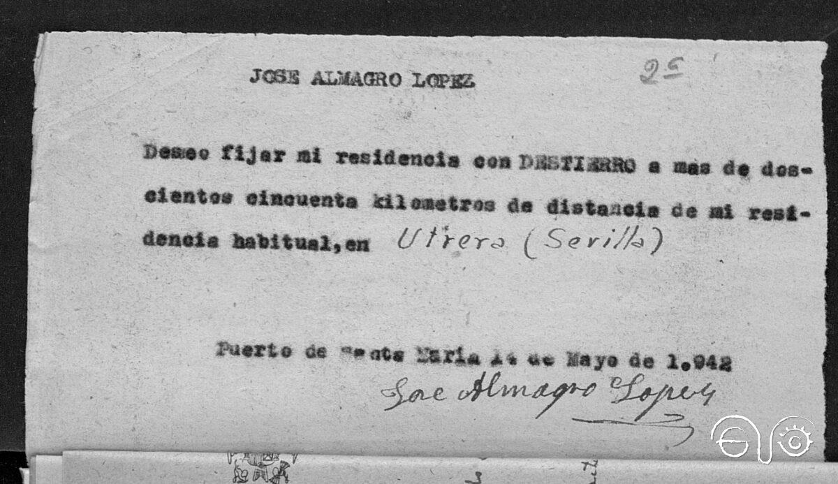 Documento sobre destierro de José Almagro López, de Alcalá del Valle (AHPC).