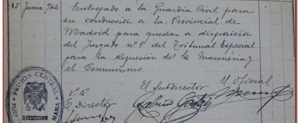 Documento sobre conducción del prisionero gaditano Higinio Bejarano Pereria a la Prisión Provincial de Madrid, 1942 (AHPC).