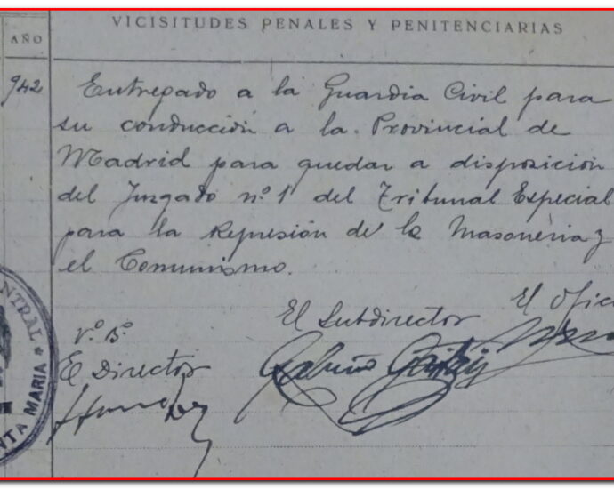 Documento sobre conducción del prisionero gaditano Higinio Bejarano Pereria a la Prisión Provincial de Madrid, 1942 (AHPC).
