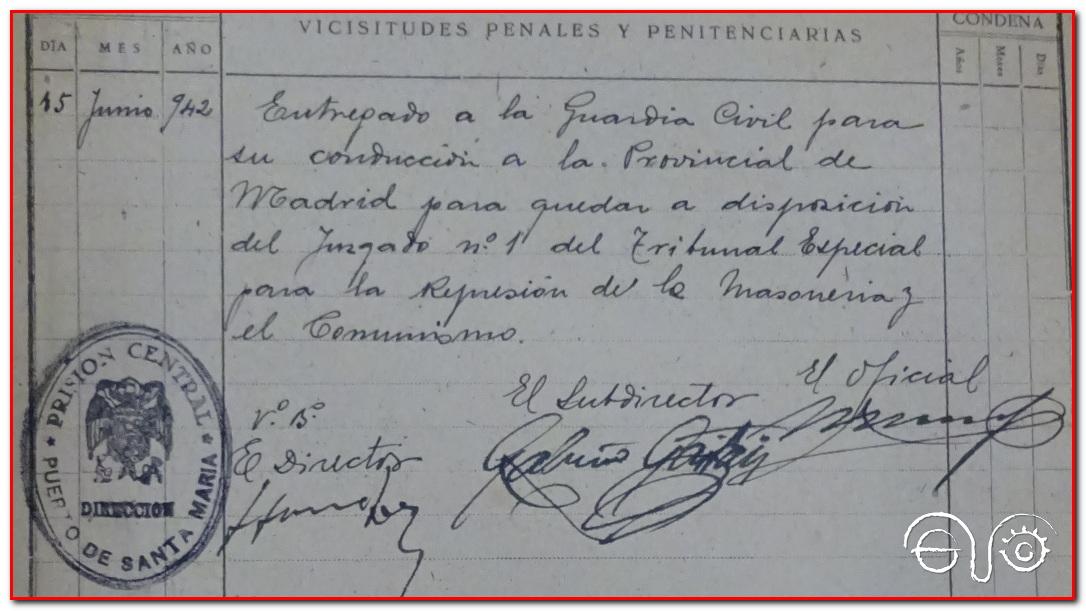 Documento sobre conducción del prisionero gaditano Higinio Bejarano Pereria a la Prisión Provincial de Madrid, 1942 (AHPC).