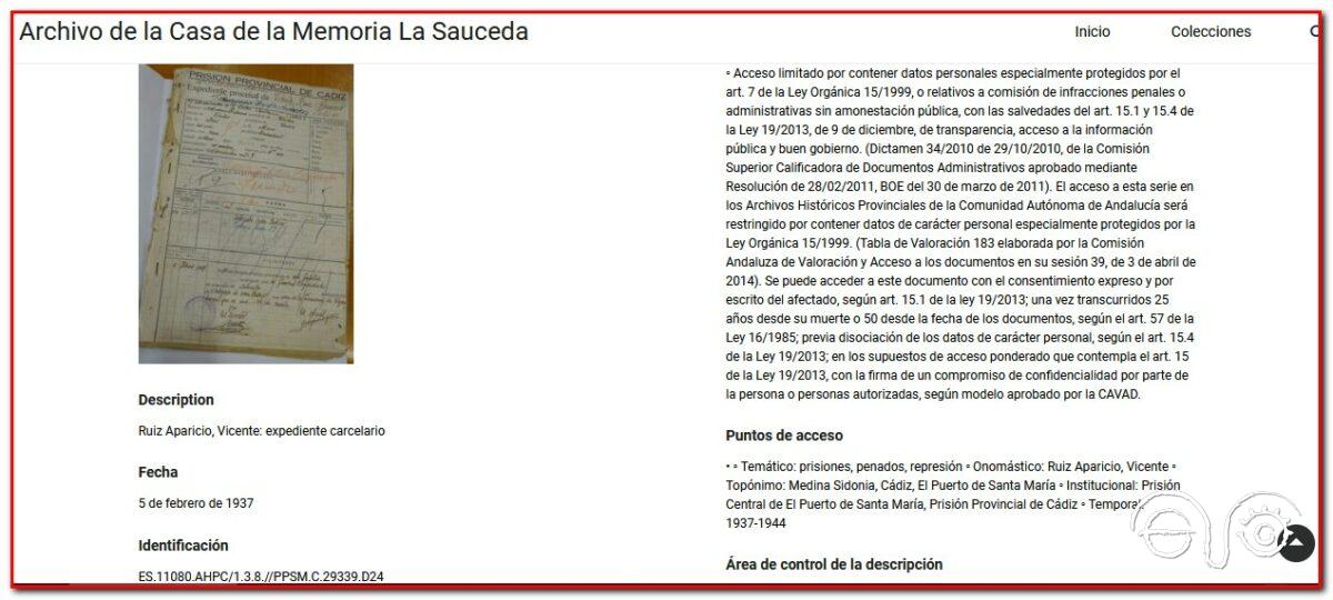 Captura de la descripción archivística del expediente carcelario de Vicente Ruiz Aparicio.