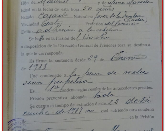 Ficha con los datos personales de Juan Arroyo Tornero elaborada por la Auditoría de Guerra de Marruecos, 1938 (AHPC).