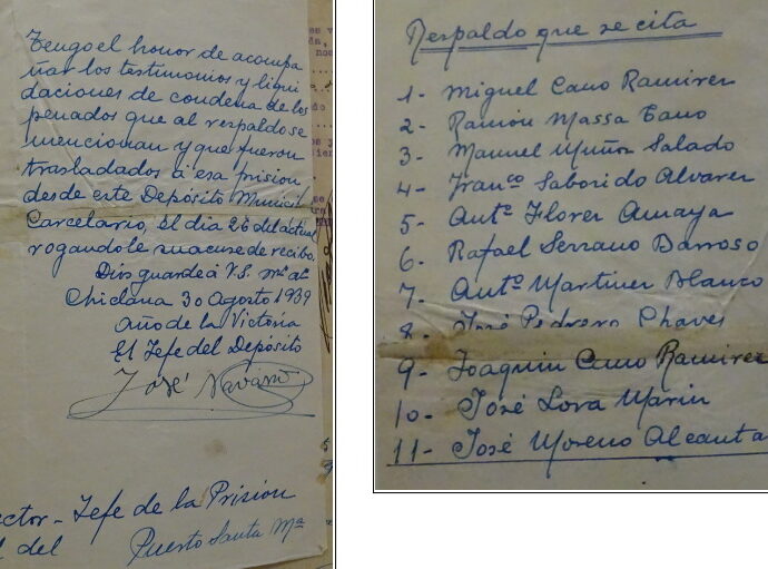 Oficio del jefe del depósito carcelario de Chiclana sobre el traslado de 11 condenados, entre ellos Manuel Muñoz Salado, a la Prisión Central de El Puerto de Santa María, 30/8/1939 (AHPC).