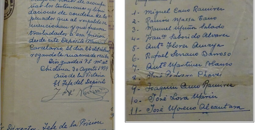 Oficio del jefe del depósito carcelario de Chiclana sobre el traslado de 11 condenados, entre ellos Manuel Muñoz Salado, a la Prisión Central de El Puerto de Santa María, 30/8/1939 (AHPC).