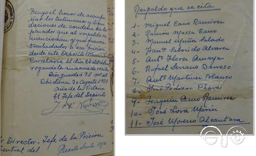 Oficio del jefe del depósito carcelario de Chiclana sobre el traslado de 11 condenados, entre ellos Manuel Muñoz Salado, a la Prisión Central de El Puerto de Santa María, 30/8/1939 (AHPC).