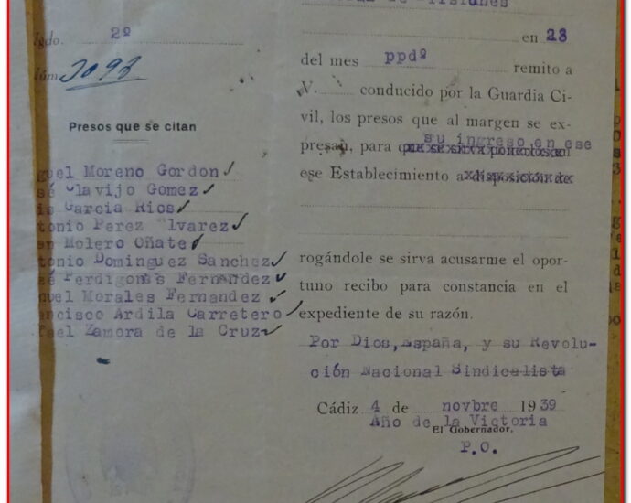 Oficio del gobernador civil sobre conducción colectiva de presos a la Prisión Central de El Puerto de Santa María, 1939 (AHPC).