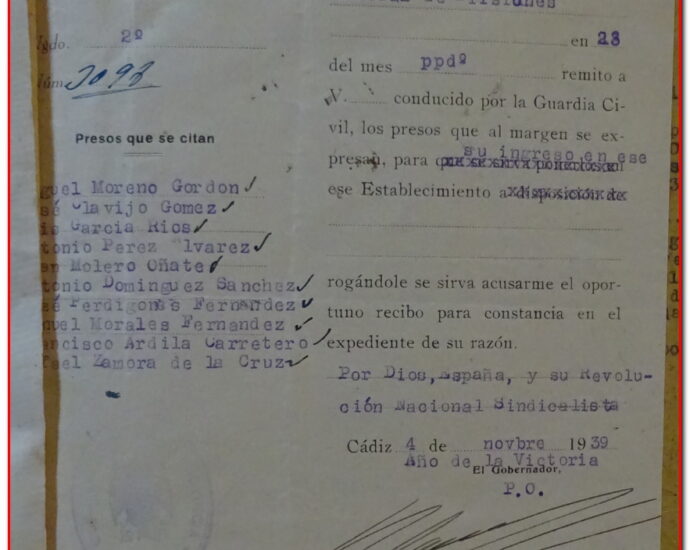 Oficio del gobernador civil sobre conducción colectiva de presos a la Prisión Central de El Puerto de Santa María, 1939 (AHPC).