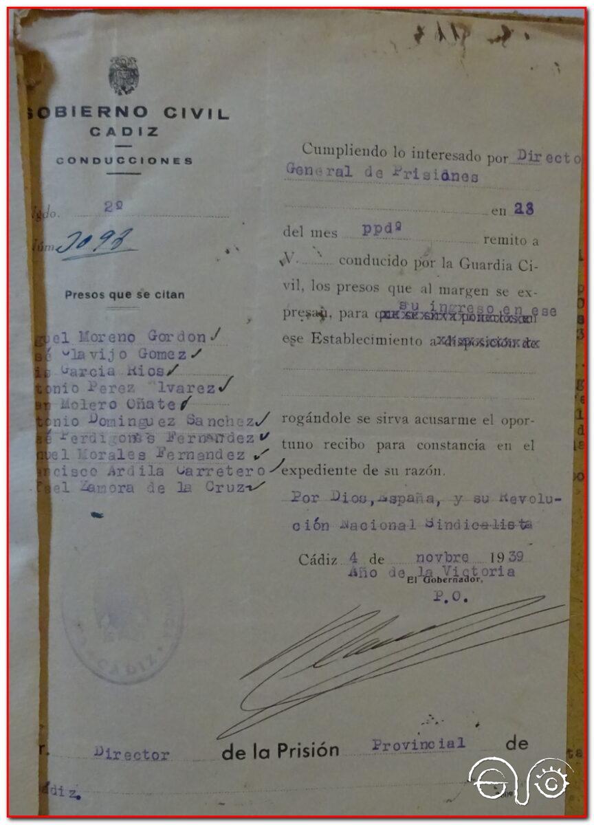 Oficio del gobernador civil sobre conducción colectiva de presos a la Prisión Central de El Puerto de Santa María, 1939 (AHPC).