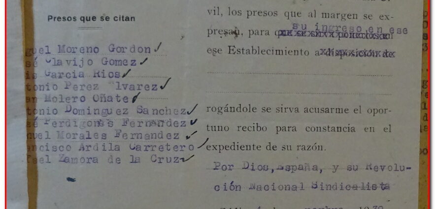 Oficio del gobernador civil sobre conducción colectiva de presos a la Prisión Central de El Puerto de Santa María, 1939 (AHPC).