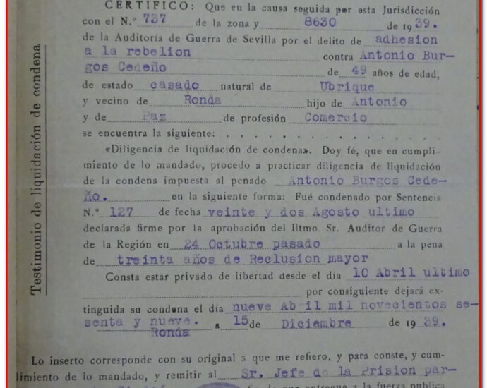 Ceertificado del Consejo de Guerra Permanente, Ronda, 1939 (AHPC).