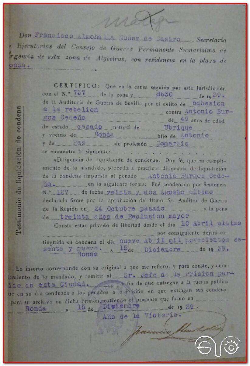 Ceertificado del Consejo de Guerra Permanente, Ronda, 1939 (AHPC).