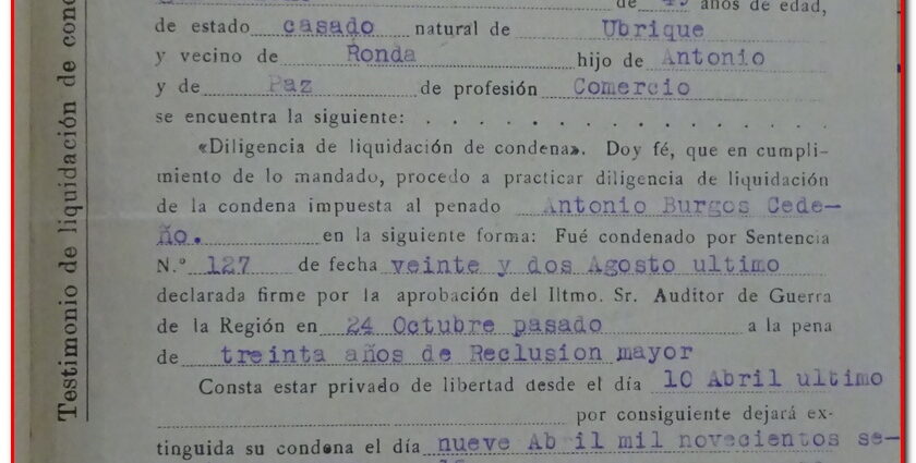 Ceertificado del Consejo de Guerra Permanente, Ronda, 1939 (AHPC).