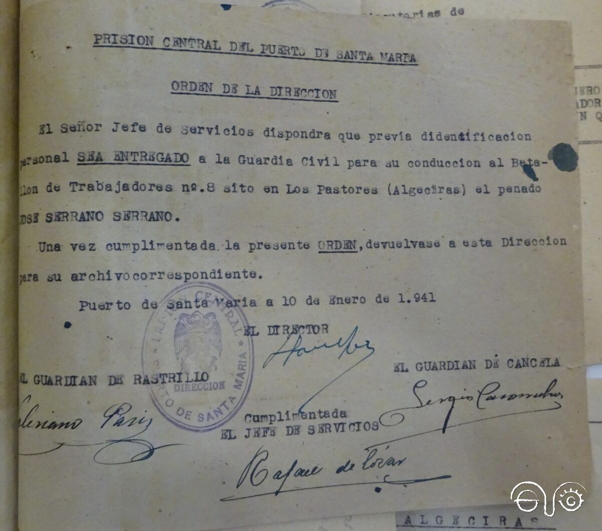 Orden de entrega de José Serrano, 1941 (AHPC).