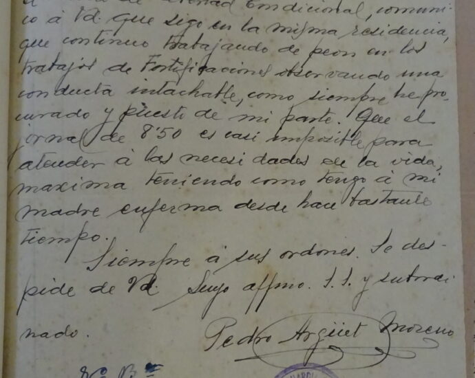 Carta manuscritade Pedro Argüet Moreno, donde informa de su trabajo en las fortificaciones, 1941 (AHPC).