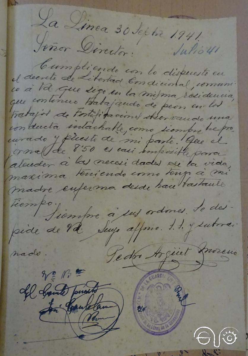 Carta manuscritade Pedro Argüet Moreno, donde informa de su trabajo en las fortificaciones, 1941 (AHPC).